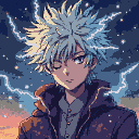 Anime character with spiky light blue hair and blue eyes, looking down pensively, with crackling lightning and a starry twilight sky behind.