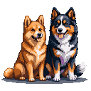 A joyous Shiba Inu and a playful Border Collie share a happy moment, their pixelated forms radiating warmth and cheerful companionship.