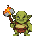 Stout green orc with a fiery axe, determined gaze.