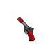 Bright red and metallic grey sci-fi flare gun angled upwards and left against a black background.