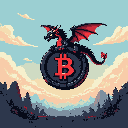 Black and red pixelated dragon on a coin with a Bitcoin symbol.