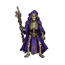 Skeletal figure in a deep purple robe with golden trim, holding a mystical staff.