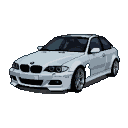 White BMW M3 coupe in three-quarter front view against a black background, rendered in chunky pixels.
