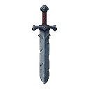 Grim medieval sword with a darkened, nicked steel blade and red-wrapped hilt against a stark background.