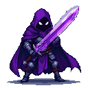 Pixel Art: warrior with no face only black shadow in purple hood with huge purple crystal sword (generated with AI by pixie.haus).