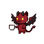 Pixel Art: devil cat character holding cup of coffee, detailed sprite (generated with AI and edited by sandacz).