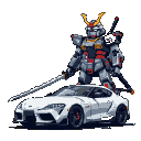 Pixel Art: robot samurai и рядом с ним car toyota supra a90 color gray ...