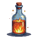 Glass bottle filled with fiery, glowing liquid with internal flames and floating sparks.