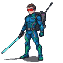 Male cyborg in blue-green combat suit with neon accents, red glowing goggles, mechanical backpack, and holding a glowing blue lightsaber.