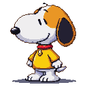Snoopy in profile wearing a yellow shirt, with orange ears and a pixelated smile.