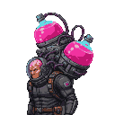 Pixel Art: fighter character with backpack containing 2 huge bottles of...