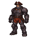 A hulking mech suit with a pirate tricorn hat, showing rust-colored fabric beneath dark metallic armor.