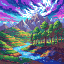 Fantastical landscape with aurora-like sky, snow-capped mountains, rolling hills, and a luminous turquoise river.