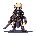 Skeleton warrior in tattered dark blue armor and flowing cape, holding a weathered sword.