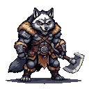 Anthropomorphic wolf barbarian with bared fangs, wearing fur and leather armor, holding a massive battle axe.