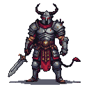 Demonic knight in ornate armor with glowing red eyes, sharp horns, a tattered red sash, and a segmented tail, holding a sword ready for battle.
