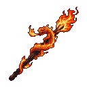 A fiery, salamander-like creature coiled around a staff, with flames erupting from its mouth and licking its body.