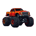 Orange monster truck with oversized tires, yellow and red accents, and red rims against a black background.