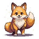 A fluffy orange and cream fox with large, expressive eyes and a wide grin sits with its bushy tail curled.