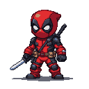 Chibi Deadpool in red and black pixelated suit, holding a katana, with a katana sheathed on his back.