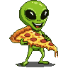 Pixel Art: classic green alien holding big slice of pizza