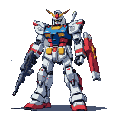 Gundam robot with white, blue, and red armor, holding a beam rifle in its left hand and a shield on its right arm.