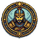 Pixel Art: 帮我 生成一个冒险者公会的圆形纹章，要求中间的人物只有头像，没有身体，中间的人物为角斗士浮雕，纹章整体均为金色