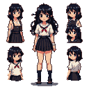Pixel art portraits of a young girl with dark hair in a sailor uniform and other casual outfits, showcasing youthful innocence.
