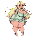 Mature elf woman with long blonde hair, starry eyes, and a shy smile, wearing a pastel mint green one-piece outfit with frills and ribbons.