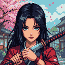 Kunoichi with piercing blue eyes and dark hair, holding a katana, poised to lick the blade, against a blurred background of cherry blossoms and Japanese architecture.