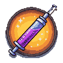 Syringe with shimmering purple liquid on a glowing orange circular background, with sparkling white pixels.