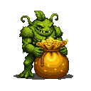 Verdant plant golem with leafy tendrils and bark-like physique, grinning and clutching a bulging golden sack overflowing with shimmering coins.