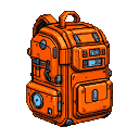 Vibrant orange futuristic backpack with metallic paneling, recessed buttons, and glowing blue digital displays.