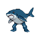 Anthropomorphic shark with three legs, mouth open in a silent roar, sharp pixelated teeth, blue dorsal side, pale underbelly, pectoral fins like arms.