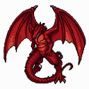 Crimson dragon with spread wings, muscular body, and coiled tail.