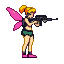 Pixie with pink wings holding an assault rifle.