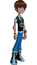 Young boy with tousled brown hair, blue eyes, and a subtle smirk, wearing a blue collared shirt, dark vest, blue pants, a necklace with a circular emblem, armbands, and futuristic sneakers.