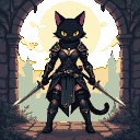 Anthropomorphic black cat assassin with gold armor, holding dual daggers, with piercing yellow eyes.
