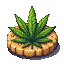 A green pixelated cannabis leaf rests on a golden-brown, textured cookie.