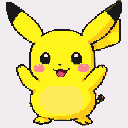 Jubilant Pikachu with arms raised and a wide grin, rosy cheeks.