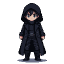 Anime male in dark hooded trench coat and tactical clothing, with dark hair and piercing blue eyes.