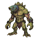 Hulking, bipedal mutant with a fish head, green-yellow scaly skin, jagged fins, and a loincloth.