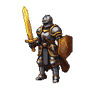 A stoic knight in gleaming plate armor holds a glowing golden sword and a buckler.