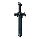 Grim, battle-worn medieval sword hilt and partial blade in dark steel with scratches and heavy shadows.