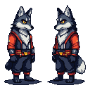 Two anthropomorphic wolves in red jackets with gold belts stand facing each other.