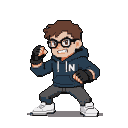 Nerd fighter character with large glasses, messy brown hair, blue hoodie with white "N", grey pants, and white sneakers, in a combative stance.