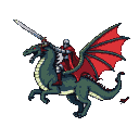 Pixel Art: A knight rides a dragon with a sword in his hand