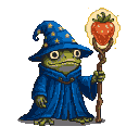 Pixel Art: archmage frog holding legendary strawberry staff