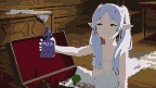 Young elf with long pale blue hair and pointed ears holds a small, ornate purple bottle aloft, looking weary. Muted earthy background suggests an interior space.