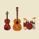 Pixel Art: Набор музыкальных инструментов: гитара, скрипка и барабаны